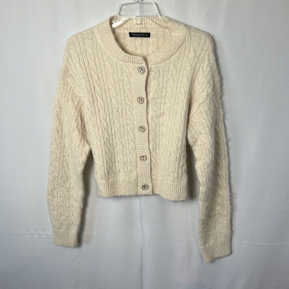 Emerson Lang NWT Young Contemporary Sweater Cardigan L Cream Buttons Cropped